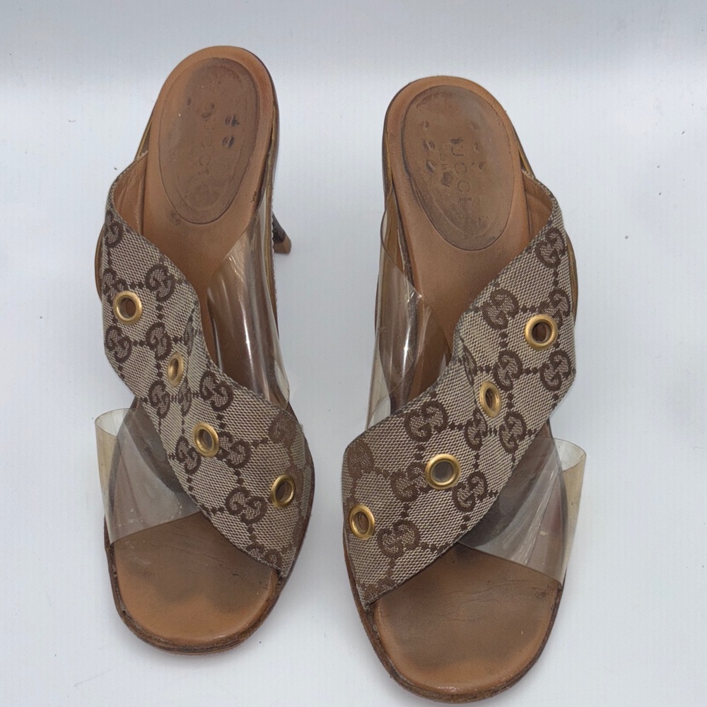 Gucci Brown Logo Canvas Heeled Slide Sandals with Clear Straps